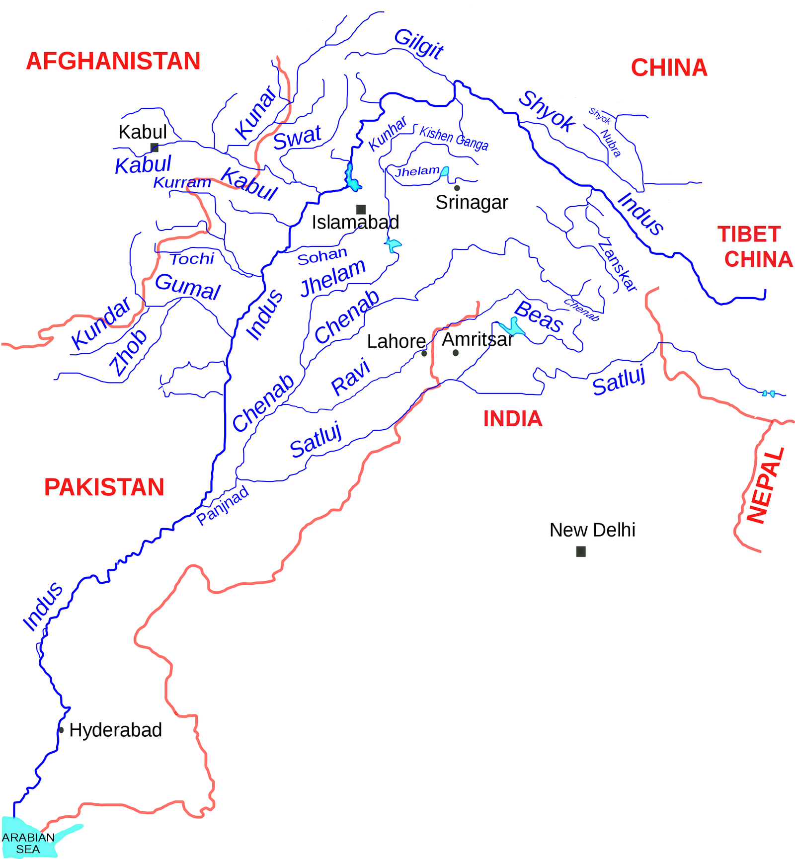 Indus river basin without boundaries of disputed regions